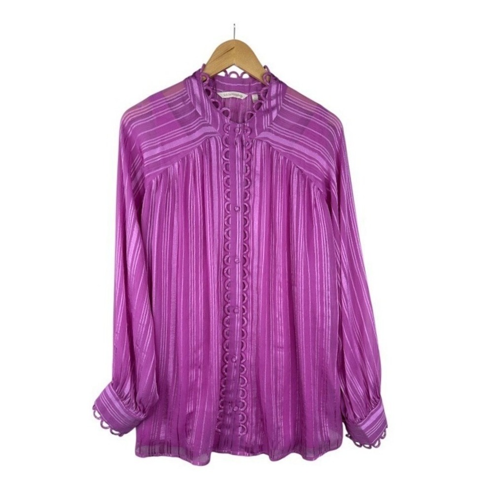SOFT SURROUNDINGS Yesena Button Front Long Sleeve Sheer Blouse Pink‎ Slinky L